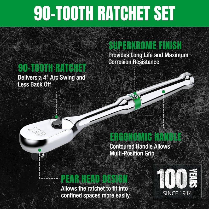 SK 3-Piece Ratchet Set, 1/4″, 3/8″, 1/2″ Drive Ratchet, Pear Head, 90-Tooth, Alloy Steel, with Contoured Handle - Image 3